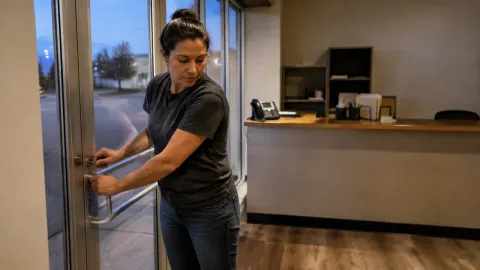 A small-business owner locking a glass office door while an unbranded desk phone waits on the empty reception counter