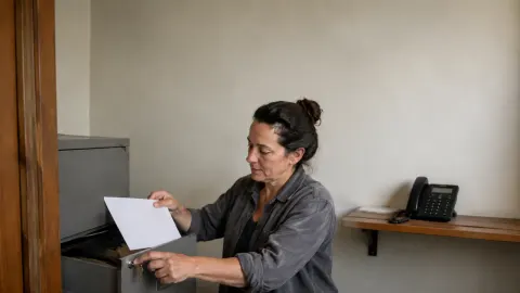 A small-business owner placing a blank paper into a locked filing cabinet beside an unbranded office phone