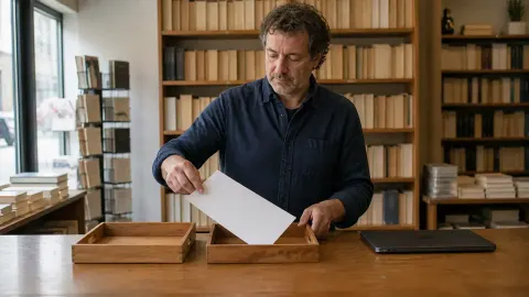 An independent bookshop owner moving a blank paper from one wooden tray to another beside a closed laptop