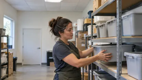 A small-business owner organizing unlabeled supply bins on a metal shelving unit in a real stockroom