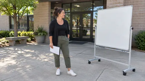 A small-business owner standing outside a community center with a blank workshop handout beside a blank rolling whiteboard