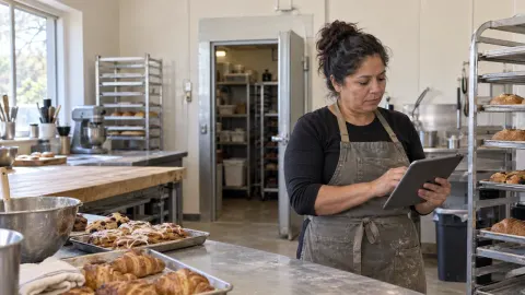 A small-business owner checking an unbranded tablet beside cooling racks in a real bakery prep room